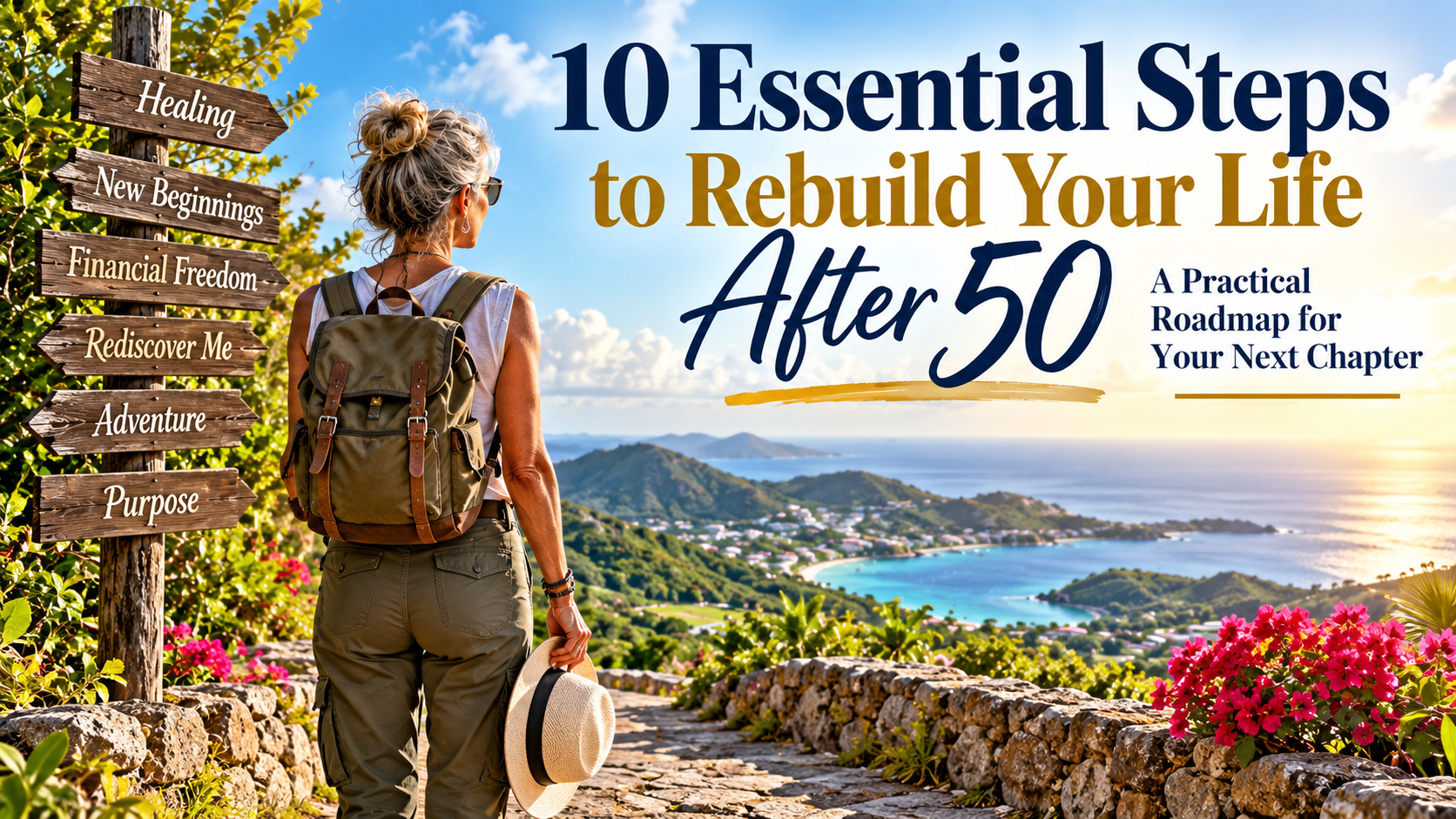 Woman overlooking a tropical coastline at a crossroads, representing practical steps to rebuild your life after 50.